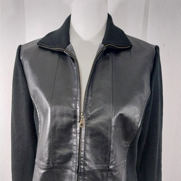 COLDWATER CREEK! LUXE BLACK GENUINE LEATHER, KNIT SLEEVE JACKET, COAT! SZ M - Picture 4 of 10